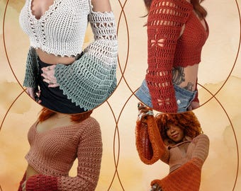 Crochet Pattern BUNDLE: Cozy sleeves, sweaters, + tops for cold weather layering, 4 patterns included!