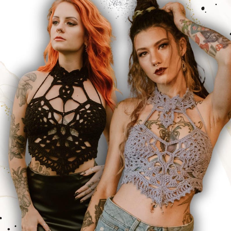 May include: Two crochet halter tops, one in black and one in light grey, featuring intricate geometric patterns, high necklines, and pointed hemlines. The tops are constructed with detailed yarn work, creating openwork designs that drape across the chest.