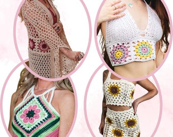 Crochet Pattern Bundle: Granny Square Halter Top, Cardigan, and Skirt