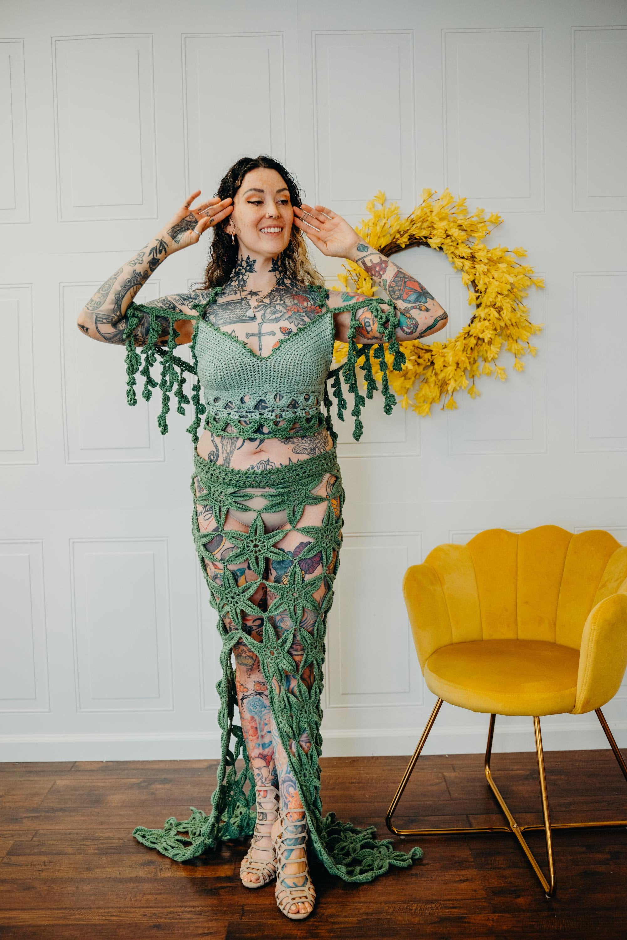 crochet floral lace eyelash top & slinky skirt sets