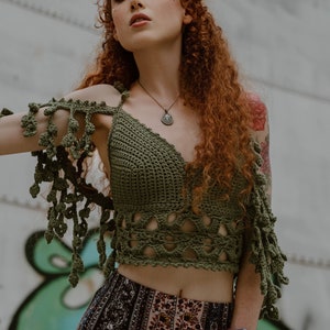 Flora Top Crochet PATTERN: Boho Floral Crop Halter with Leaf Sleeves