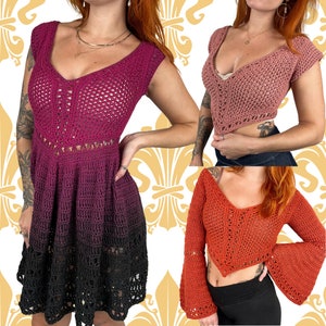 May include: Three crochet tops and a dress in shades of pink, orange, and purple. The dress has a V-neck and a skirt that fades from purple to black. The tops include a cropped pink top, and an orange top with bell sleeves.