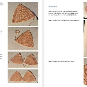 May include: A crochet pattern guide with step-by-step instructions for creating a bra. The images show the bra cups in various stages of completion, with text instructions and diagrams. The bra is a light brown color.