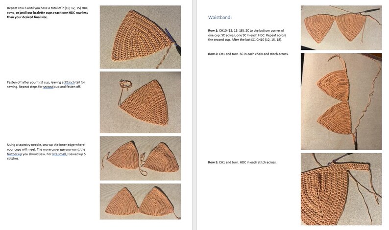 May include: A crochet pattern guide with step-by-step instructions for creating a bra. The images show the bra cups in various stages of completion, with text instructions and diagrams. The bra is a light brown color.