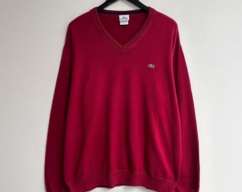 Vintage Lacoste V Neck Sweater Jumper Pullover Size XL red
