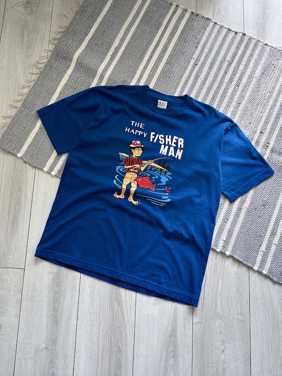 ヴィンテージ 90 年代の面白いハッピー フィッシャーマン T シャツ