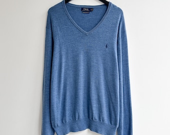 Vintage Polo Ralph Lauren V Neck Merino Woool Blue Jumper Sweater Size XXL Mens