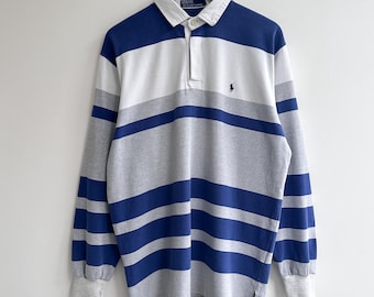 Vintage Ralph Lauren Longsleeve Rugby Polo Shirt Gray Blue M-L Mens