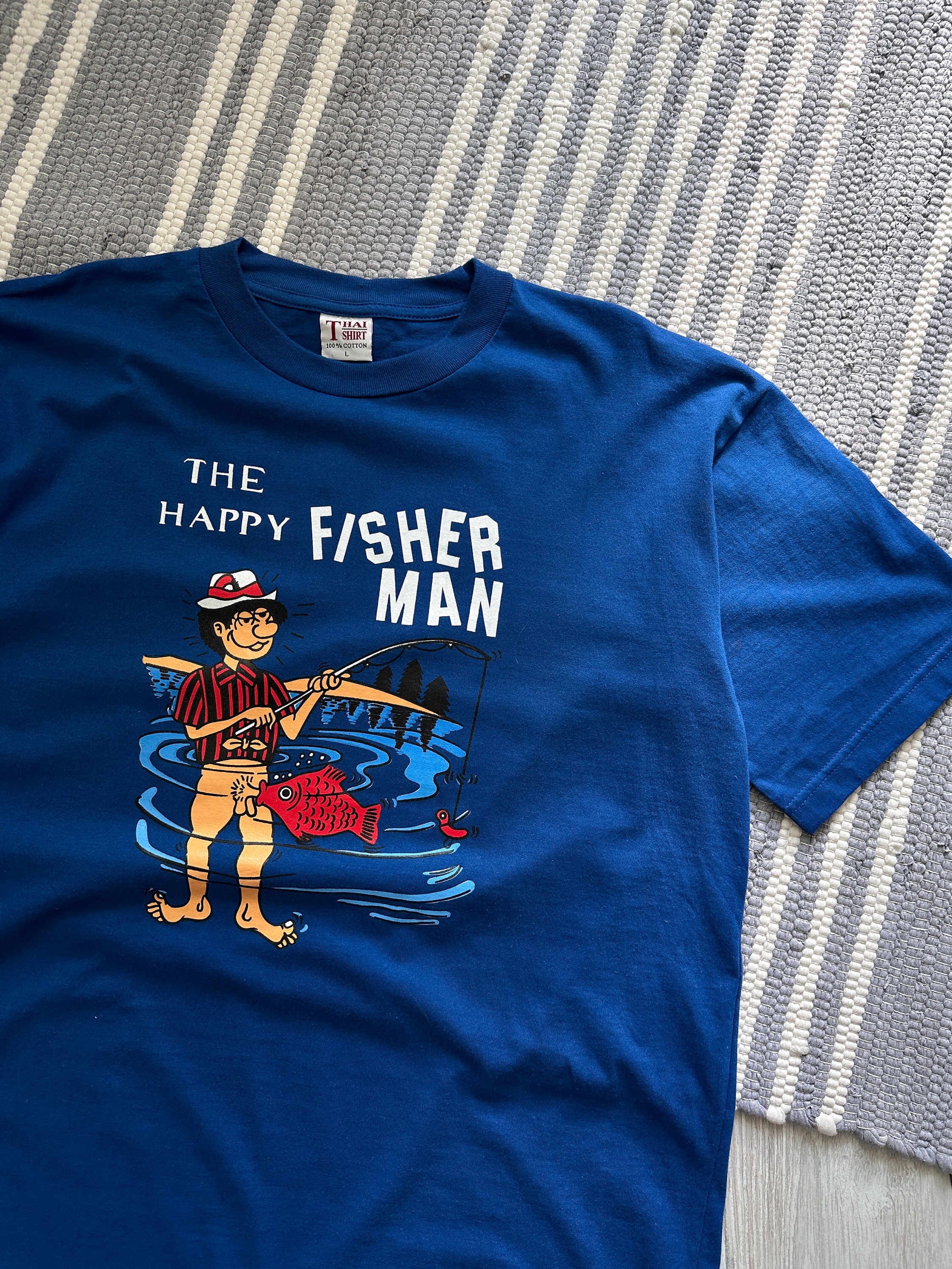 ヴィンテージ 90 年代の面白いハッピー フィッシャーマン T シャツ