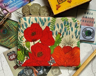 Porte-monnaie, porte-monnaie fleur de pavot rouge, porte-monnaie en coton, pochette en coton bio, fait main au Royaume-Uni, cadeau coquelicot, porte-monnaie pour femme, porte-monnaie bohème