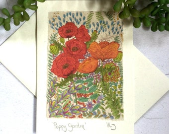 Carte de voeux faite main, carte d'anniversaire coquelicot, carte d'art coquelicot, anniversaire coquelicot, fait main au Royaume-Uni, amie fille coquelicot, carte d'art pavot recyclée