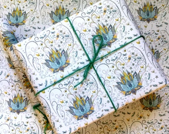 Lotus Flower Wrapping Paper - Blue Lotus Flower Gift Wrap - 100% Recycled Paper - Yoga Gift - Spiritual Present - Decoupage Art - Boho Art