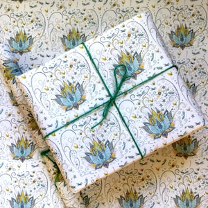 Lotus Flower Wrapping Paper - Blue Lotus Flower Gift Wrap - 100% Recycled Paper - Yoga Gift - Spiritual Present - Decoupage Art - Boho Art