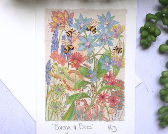 Handmade Bee Art Card: Borage & Bees Ink Illustration