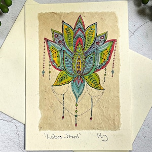 Lotus Flower Art Card, Lotus Flower Greeting Card, Handmade Lotus Flower Card, Yoga Art Card,  Bohemian Birthday Card, Boho Hippy Art Card