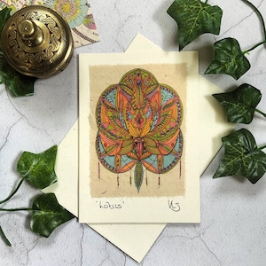 Handmade Greeting Card, Indian Ethnic Art Card, Lotus Flower Card, Lotus Flower Mandala Card,  Mandala Greeting Card, Yoga Greeting Art Card