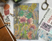 Indian Ethic Art Postcard - Vintage Style Lily Postcard - Recycled Straw Textured Card - Small Print Collection - Bohemian Botanical Art