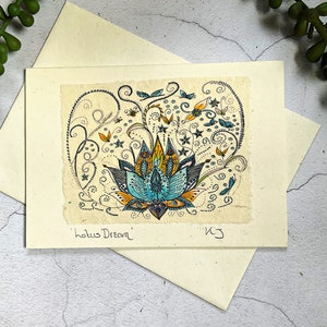 Lotus Flower Greeting Card, Yoga Lover Card, Blue Lotus Flower, Bohemian Greetings, Hippy Birthday Card, Spiritual Card, Handmade Art Card
