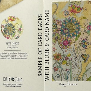 May include: A sample card back with a colorful floral design and the text 'Happy Flowers'. The card is designed and printed in Devon, UK. The back of the card includes a description of the artist, Kitty Cooke, and her work.