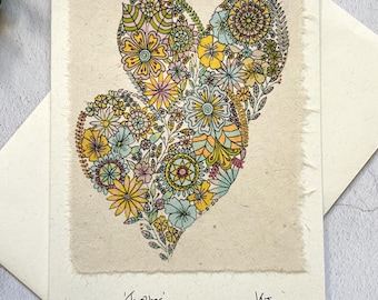 Love Heart Card, Handmade Love Heart Card, Boho Love Hearts, Girlfriend Wife Card, Boho Anniversary, Wedding Card, Handmade Engagement Card