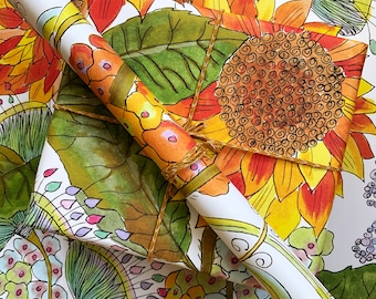 Recycled Wrapping Paper - Sunflower Gift Wrap - Eco Friendly Floral Gift Wrap- Hippy Hippie Birthday Art - Sunflower Botanical Illustration