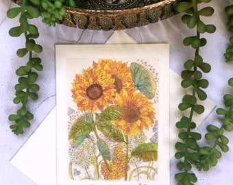 Handmade Greeting Card, Sunflower Art Card, Sunflower Birthday Card, Sunflowers Greeting Card, Any Occasion Card, Recycled Greeting Card
