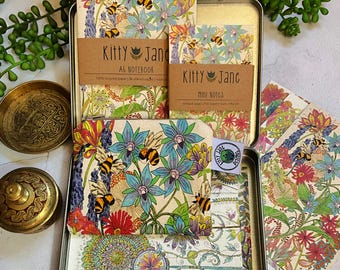 Borage Bee Stationery Gift Set: Organic Cotton Purse, Notebook, Postcards
