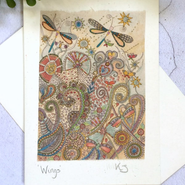 Handmade Greeting Card, Dragon Fly Art Card, Zen Yoga Card, Boho Bohemian Friendship, Hippy Hippie Art, Indian Ethnic Art, Made in UK
