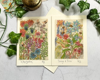 Handmade Bee Greetings Card: Pen and Ink Floral Art