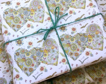 Recycled Gift Wrap: Floral Heart - Boho Wedding Anniversary Paper
