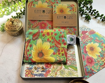 Floral Stationery Gift Box: Organic Cotton Coin Purse, Recycled Notebook, Art Cards