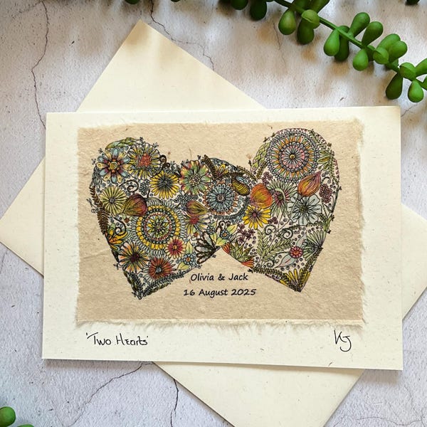 Personalised Wedding Card: Boho Love Hearts, Handmade Recycled Paper