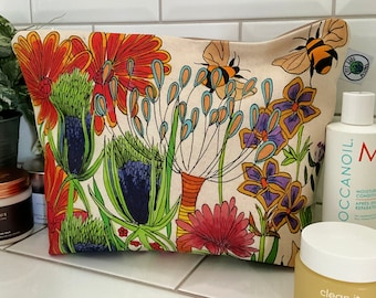 Extra Large Bee Wash Bag: Floral Abstract Organic Cotton Travel Pouch