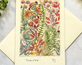 Floral Fern Art Card: Handmade Pen & Ink Print on Recycled Paper