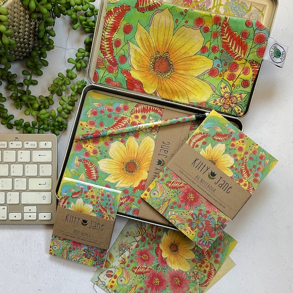 Stationery Tin, Stationery Lover Gift Box, Retro Stationery Tin, Stationery Addict, Recycled Notebooks, Hippy Floral Art, Boho Writing Set