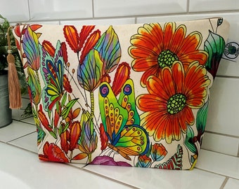 Bolsa de lavado extra grande, Bolsa de artículos de tocador Boho, Bolsa de lavado floral abstracta, Bolsa de esponja de mariposa, Baño Boho, Bolsa de mariposa, Almacenamiento artesanal