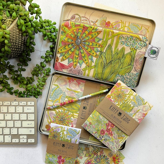 Boho Floral Stationery Gift Box: Recycled Notebooks, Pencil Case & Postcards