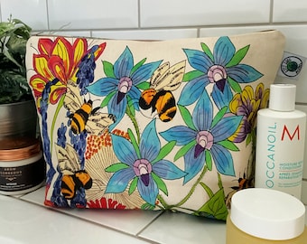 Extra Large Bee Wash Bag: Floral Organic Cotton Travel Pouch