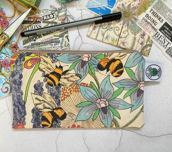 Bumble Bee Pencil Case, Bee Sunglass Pouch, Borage and Bees Cotton Pouch,  Handmade Pencil Case , Bohemian Boho Style Purse, Hippy Art Pouch 