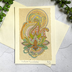 Handmade Greeting Card, Indian Ethnic Art Card, Lotus Flower Card, Lotus Flower Mandala Card,  Mandala Greeting Card, Yoga Greeting Art Card