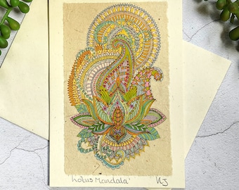 Handmade Greeting Card, Indian Ethnic Art Card, Lotus Flower Card, Lotus Flower Mandala Card,  Mandala Greeting Card, Yoga Greeting Art Card