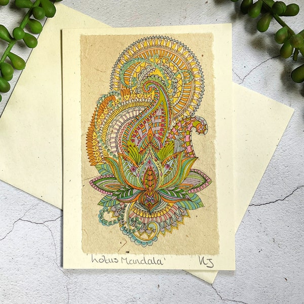 Handmade Greeting Card, Indian Ethnic Art Card, Lotus Flower Card, Lotus Flower Mandala Card,  Mandala Greeting Card, Yoga Greeting Art Card