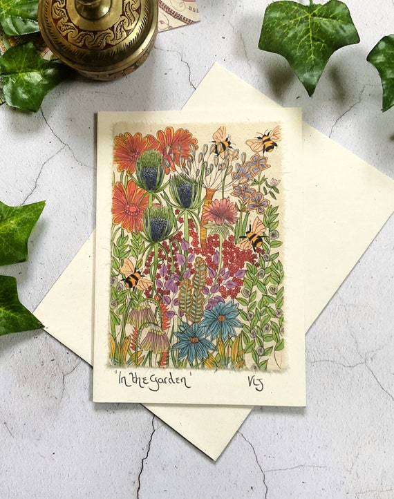 Handmade Bee Art Card: Bohemian Pen & Ink Floral Greetings