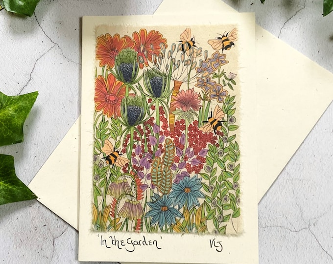 Handmade Bee Art Card: Bohemian Pen & Ink Floral Greetings