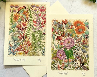 Floral Art Card: Handmade Pen & Ink Greeting Card on Recycled Paper