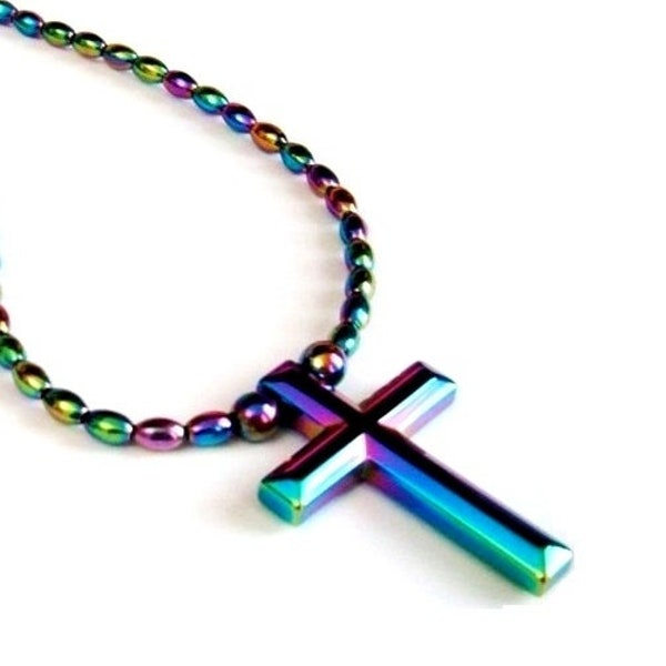 Rainbow Cross Magnetic Necklace, Magnetic Hematite Necklaces with Rainbow Hematite Cross Pendant # MHN-4000