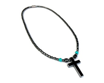 Magnetic Necklace with Plain Cross Hematite Pendant and Synthetic Turquoise Beads Magnetic Hematite Necklaces #MHN-401TQ