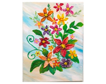 Flowers Original Artwork 14"x11" Water-Base Paintings on Fabric with Ceramic Painting on Each Flower Wall Painting Art