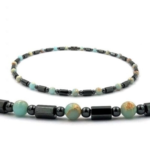 Magnetic Therapy Necklace With Genuine Aqua Terra Beads, Unisex Arthritis Magnetic Necklaces for Men and Women #MHN-400AT