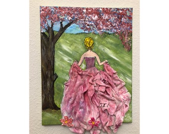 Pinky Gown Lady Original Artwork 14"x11" Water-Base Paintings on Raised Fabric Gown with Ceramic Painting on Each Flower Wall Art Painting